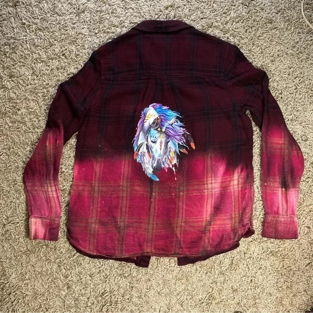 Jessica Simpson Bleached Repurposed Dark Red flannel with horse graphic-Size Med - Picture 2 of 8